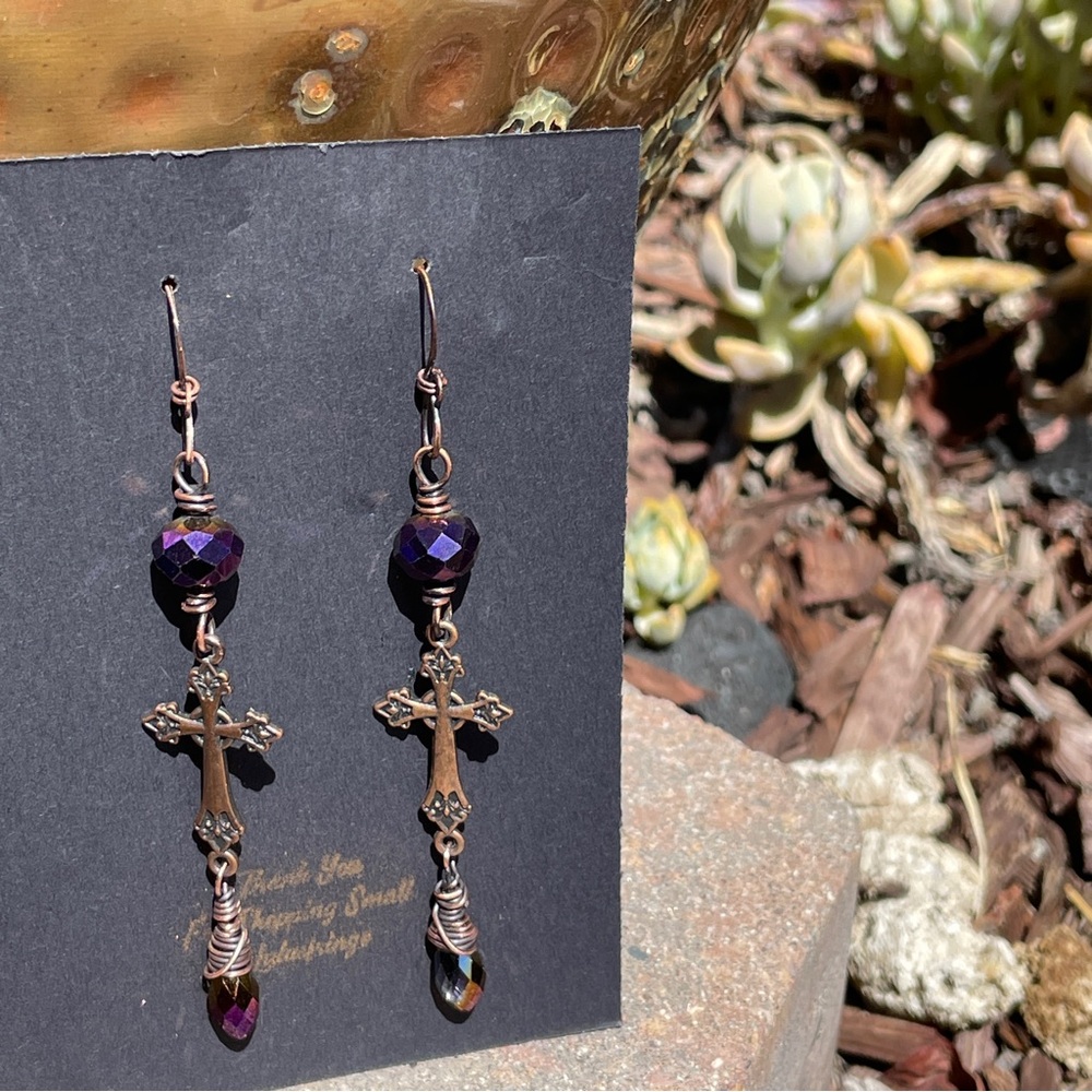 Elegant Purple Cross Dangle Earrings - Picture 9 of 12